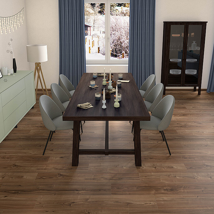Dining room with the decor Noble Fir on the table Dining room with the decor Noble Fir on the table